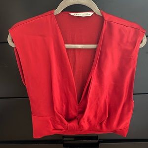 Zara Red Satin Deep V neck Crop Shirt